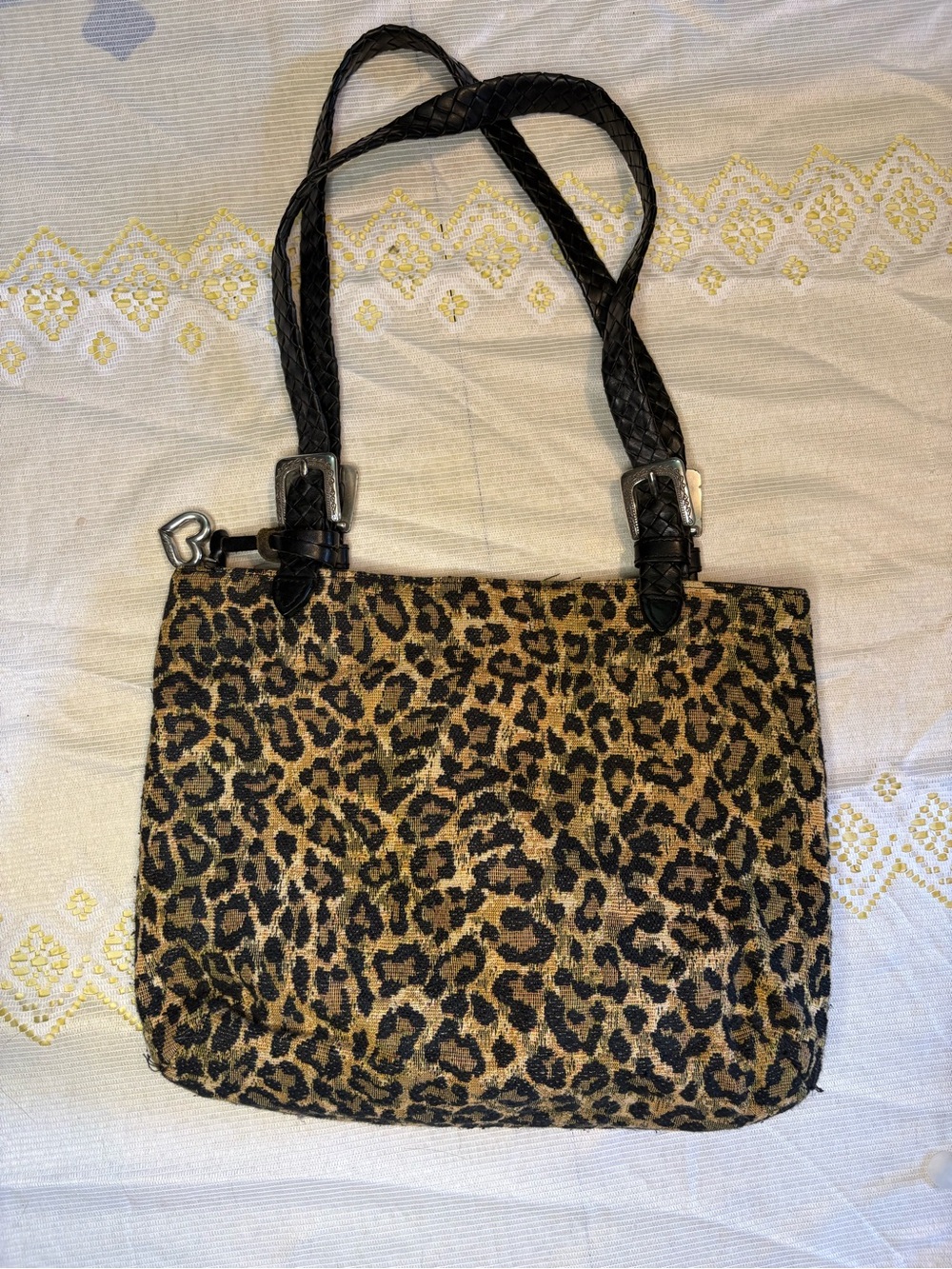 Vintage Brighton Leopard Print Shoulder Bag with Black Braided Straps